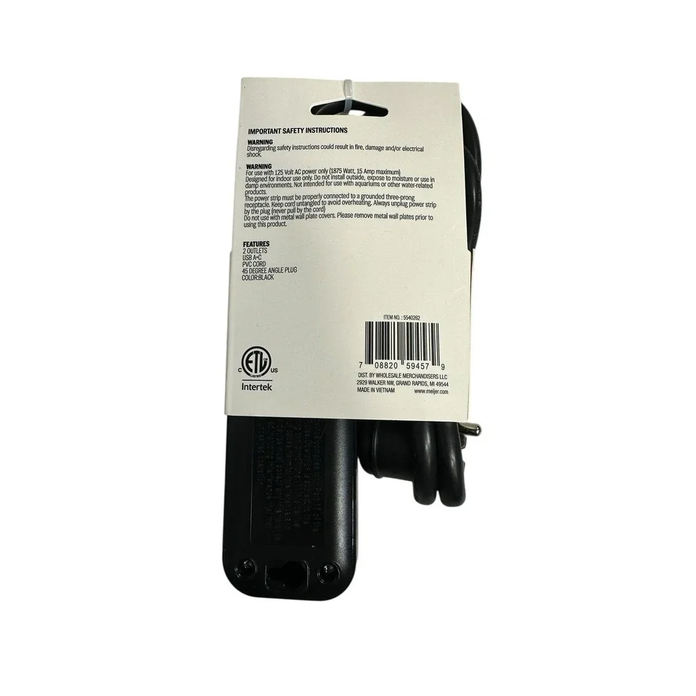 3 foot 2 outlet power strip USA & C ports black‎ extension cord